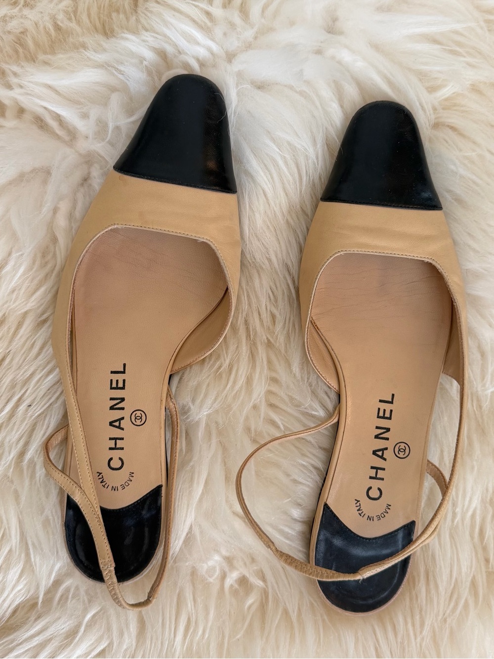 CHANEL Beige and Black Cap-Toe Slingback Flats